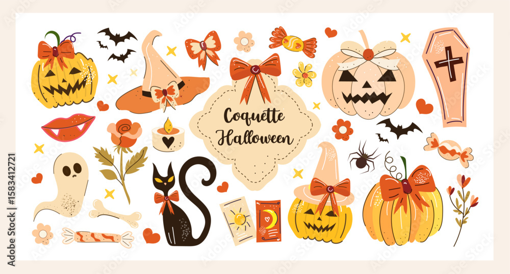 Fototapeta premium Coquette Halloween vector collection with pastel pumpkins, witch hats, black cat, bows, candy, flowers and spooky cute elements in a girly aesthetic hand-drawn style.