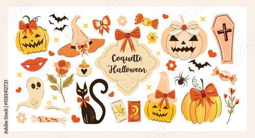 Coquette Halloween vector collection with pastel pumpkins, witch hats, black cat, bows, candy, flowers and spooky cute elements in a girly aesthetic hand-drawn style.