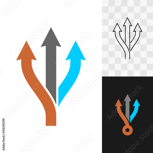 3 arrows up logo icon. Three ways vector symbol. Different solution variations infographics design element