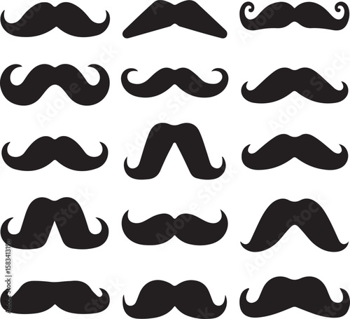 Collection of Detailed Black Mustache Silhouettes A Vector Graphic for Design and Retro Styling, Offering Versatile Creative Elements