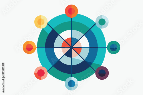 Abstract colorful circular design with intersecting lines representing connection and interconnectivity on white background