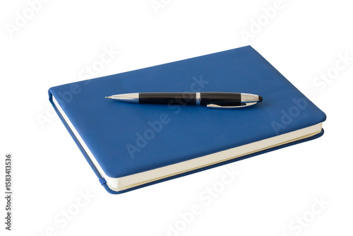 A blue notebook and classic black ballpoint pen for business or education notes and planning. Professional office and school supplies concept, isolated on white background with clipping path.