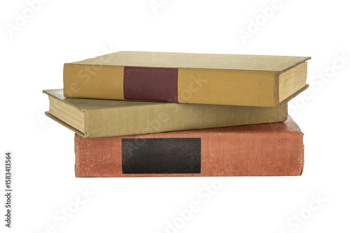 A stack of old vintage books, a pile of classic literature for education and study. These hardcover novels represent a library of knowledge. isolated on white background with clipping path.