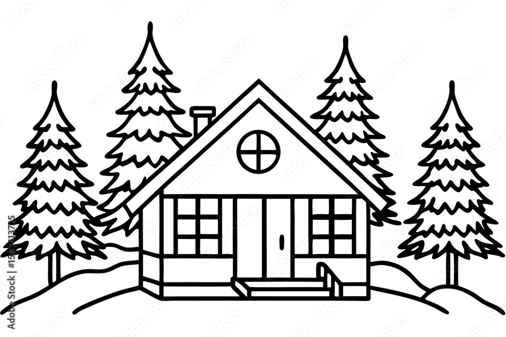 Obraz premium Mountain Lodge Winter Outline Illustration