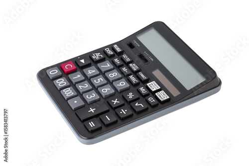 Modern black calculator for business, finance, and accounting tasks. An essential office tool for calculation, budgeting, and math, isolated on white background with clipping path.