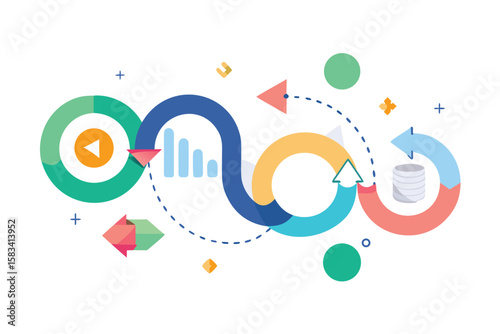 Abstract data flow and business process illustration with colorful arrows and circular elements