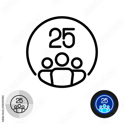 Number of people round icon. People crowd silhouette in a circle frame with digit. Quantity of popularity or number of persons line symbol. Editable stroke.