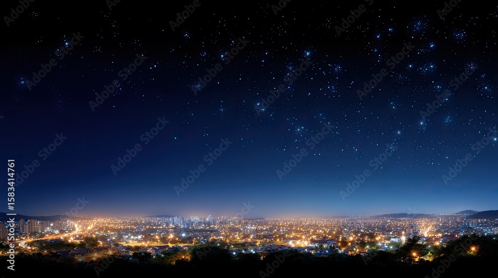Fototapeta premium Nighttime Cityscape with Stars Overhead and Urban Lights Creating a Vibrant Atmosphere