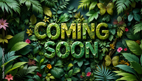 Coming Soon Botanical Display Green Leaves and Flowers