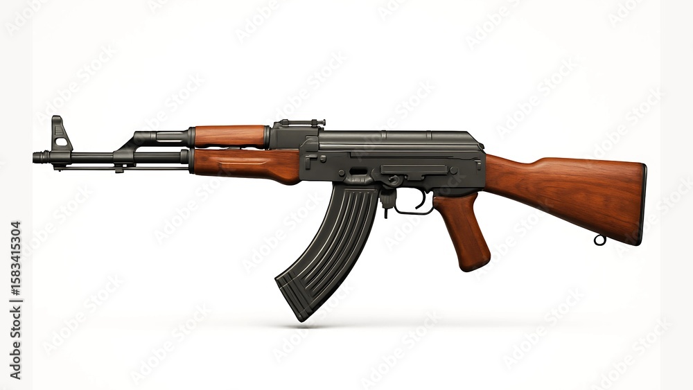 AK-47 Classic Variant with Wooden Handguard and Stock on White Background AK-47 Classic Variant with Wooden Handguard and Stock on White Background