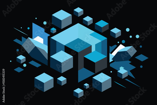 Abstract geometric composition featuring cubes and shapes in shades of blue and cyan on a black backdrop