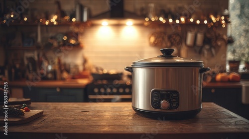 Modern kitchen with multifunction cooker on countertop, rustic decor, and warm lighting creating inviting atmosphere