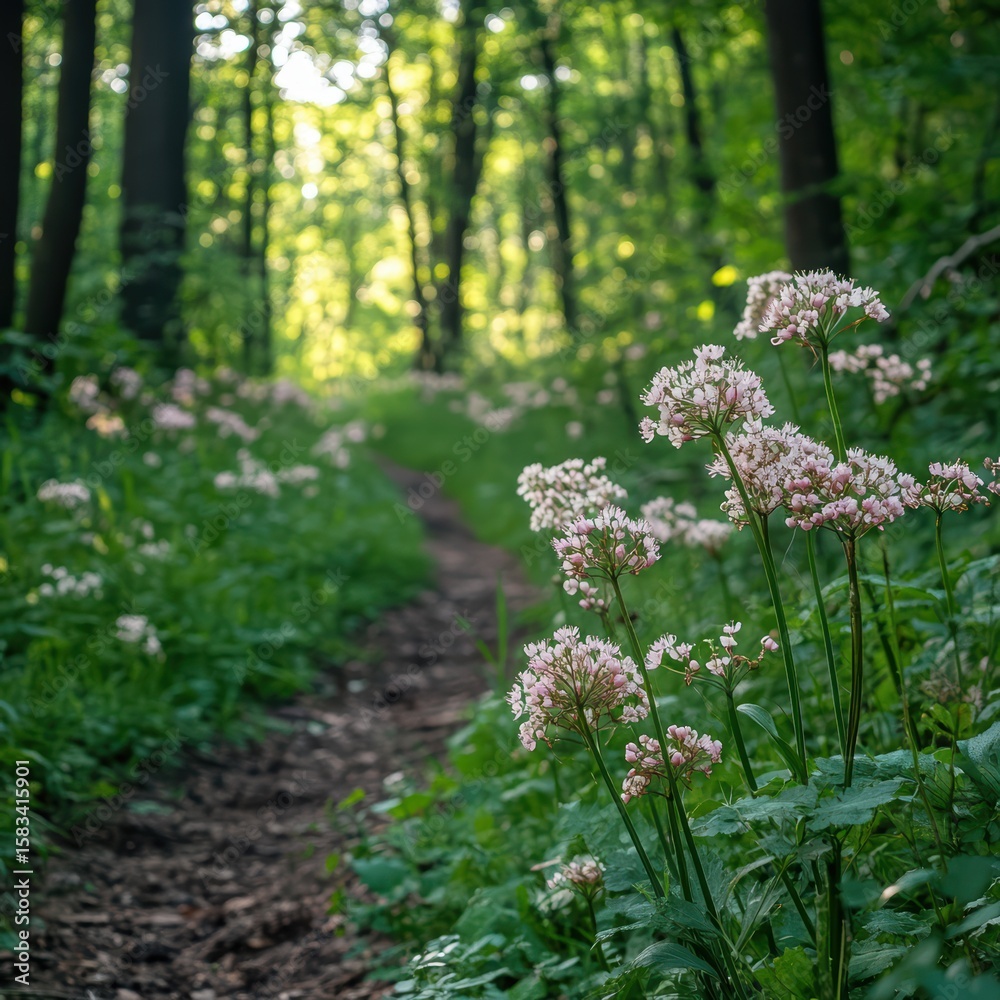 Obraz premium Serene Pathway Through Lush Green Forest with Flowering Plants