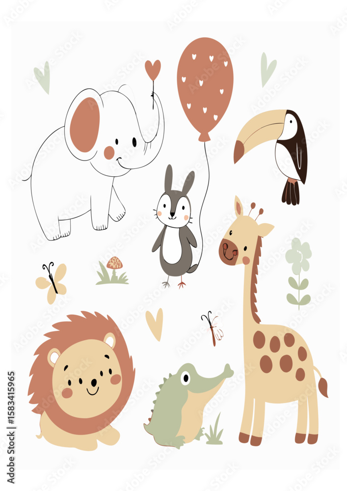 Naklejka premium Cute Cartoon Animals Collection in Pastel Colors – Nursery and Kids Illustration Set