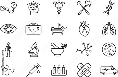 Medical healthcare icons vector set: stethoscope, heart, lungs, brain, dna, eye, skeleton and more - stock illustration for design projects and presentations