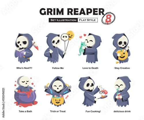 Cute Grim Reaper Collection Set. Flat design character in various poses for Halloween events