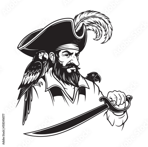 Pirate Silhouette Vector | Black Pirate with Sword and Parrot. AI generator
