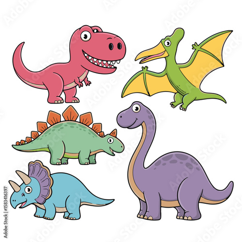 A delightful vector illustration featuring a set of funny cartoon dinosaurs, including cute baby rexes, playful dragons, and comical alligators