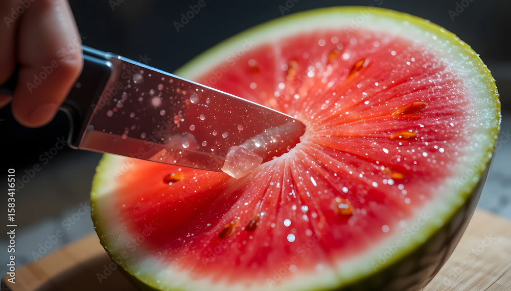 Fototapeta premium A mesmerizing close-up captures a knife delicately slicing into a glowing, translucent watermelon, revealing its sparkling, crystal-like interior.