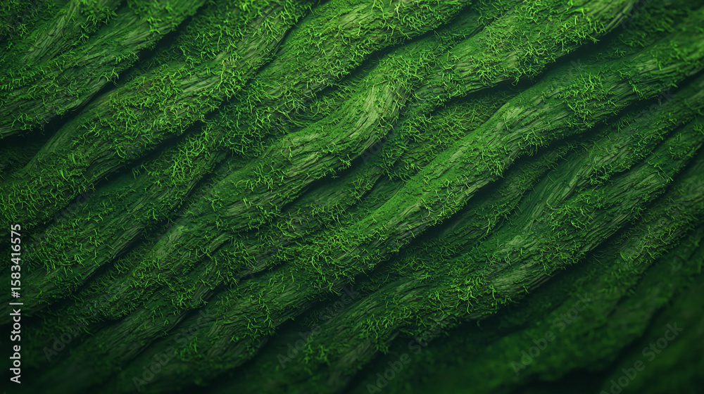 Fototapeta premium Close-up of fresh green moss growing densely on a textured surface, showcasing natural patterns and rich color variations.
