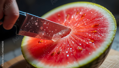 A mesmerizing close-up captures a knife delicately slicing into a glowing, translucent watermelon, revealing its sparkling, crystal-like interior.