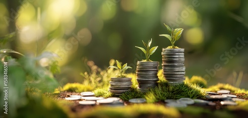 The coins and plants symbolizing sustainable financial growth in nature.