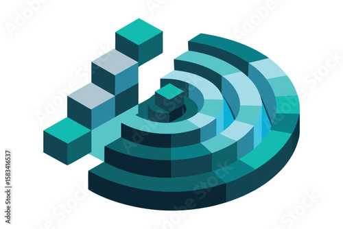 Abstract geometric design featuring three dimensional cubes and a circular element in a cool color palette on white.