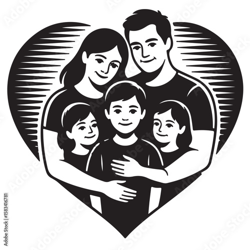 Happy family silhouette vector illustration showing a loving couple with their children