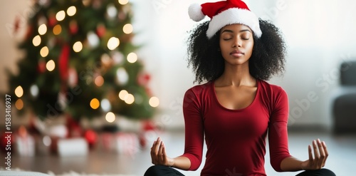 Young woman practicing yoga, meditating in lotus position wearing a santa claus hat in front of a christmas tree