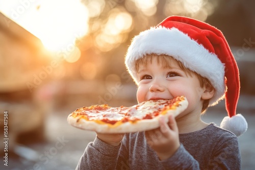 Boy in Santa hat enjoying slice of pizza on street