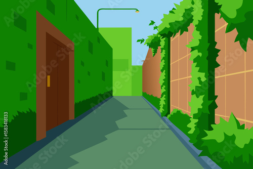 green ivy wall in quiet downtown alley