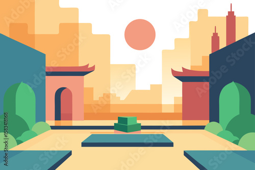 minimalist city courtyard with zen style garden