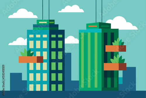 high rise buildings with hanging vertical gardens