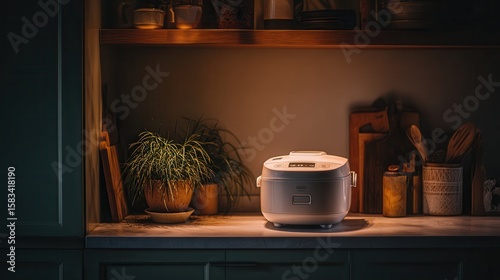 Modern rice cooker on a kitchen countertop illuminated by soft afternoon sunlight