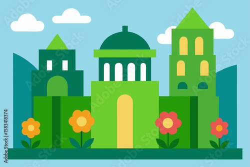 old architecture with green moss and flowers