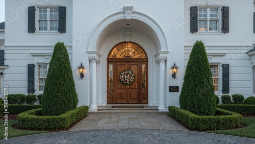 Front entrance of a traditional home featuring a double wooden door  decorative wreath  and neatly trimmed hedges on either side.