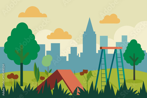 overgrown urban playground with natural elements