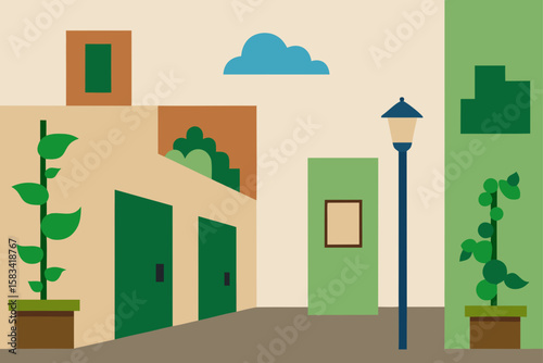 street view with ivy covered walls and modern art