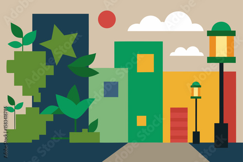 street view with ivy covered walls and modern art