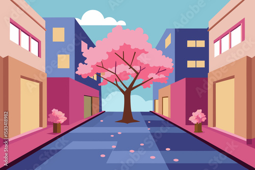 urban courtyard with cherry blossoms in bloom