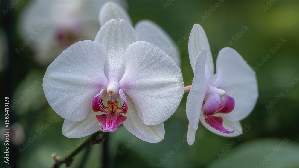 Fototapeta premium Charming orchid with violet and white petals set on a hazy background
