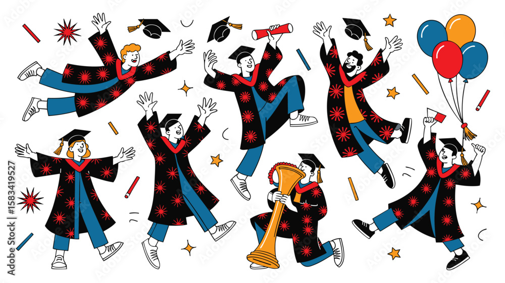 Fototapeta premium Graduation Celebration: Joyful Graduates Jumping and Celebrating Success