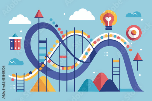 Abstract rollercoaster of ideas depicting creativity inspiration and goal achievement on a vibrant blue background