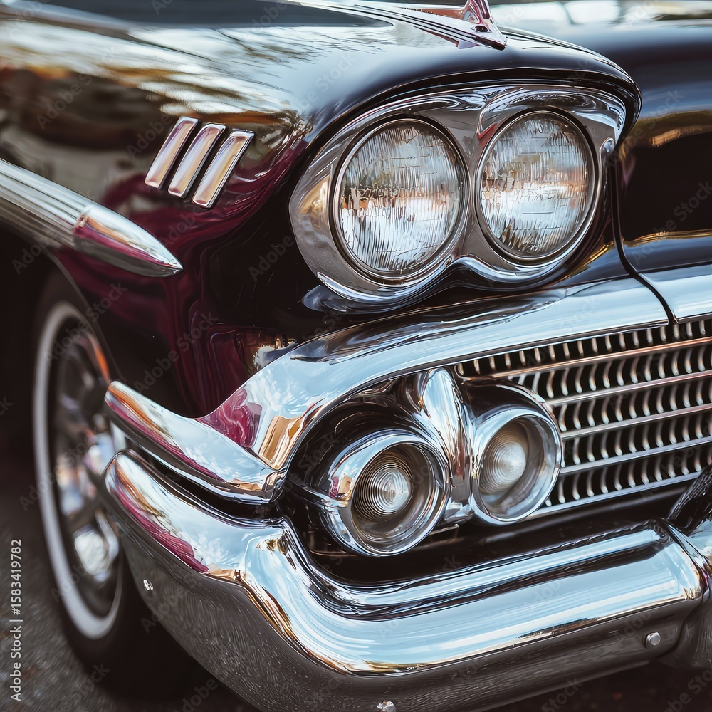 Fototapeta premium Close-up of a car shiny chrome grille and headlights 