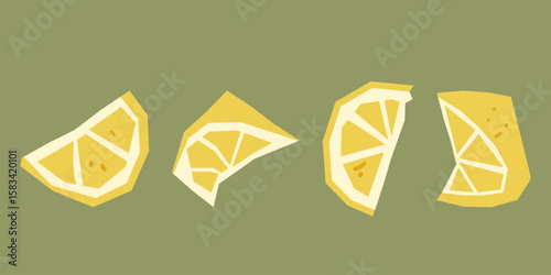Lemon Wedge Illustration Set. Four stylized lemon slices in bright yellow tones on green background, flat cartoon style.