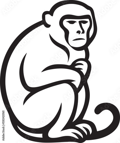 Thoughtful monkey silhouette pensive pose, Sitting monkey line art black and white