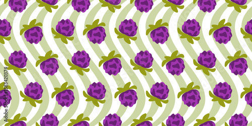 Clover Flowers Seamless Pattern Design. Cartoon clover flowers in purple and green on a wavy green striped background. Seamless botanical pattern in flat decorative style.
