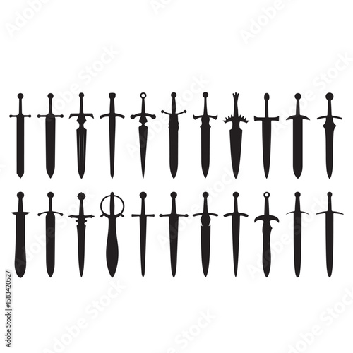 Black and white vector illustration of a set of steel nails, shord hanging on a clothesline