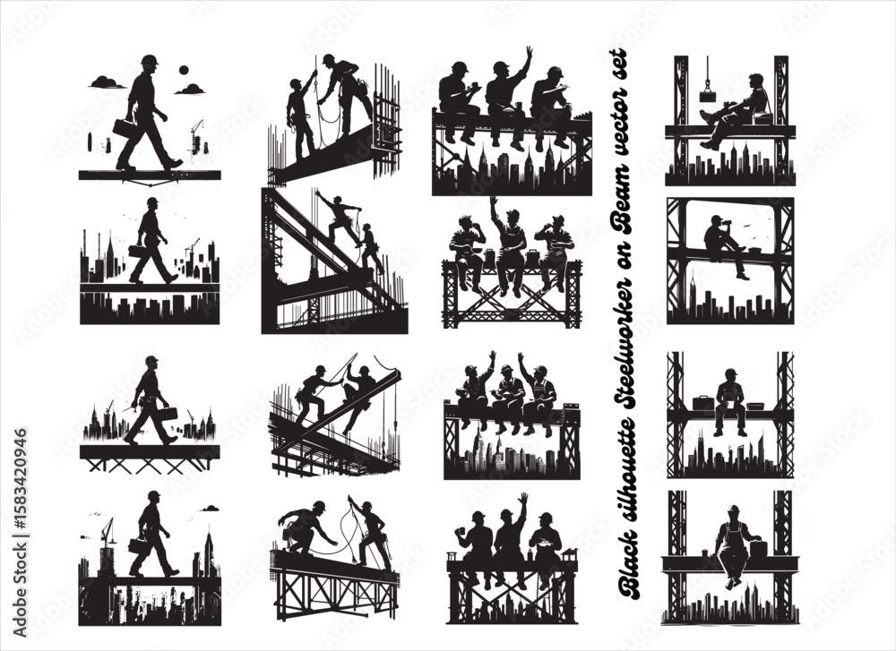 Fototapeta premium Steelworkers on Beam Silhouette Vector – Iconic Construction Scene with Skyline Background