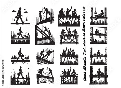 Steelworkers on Beam Silhouette Vector – Iconic Construction Scene with Skyline Background
